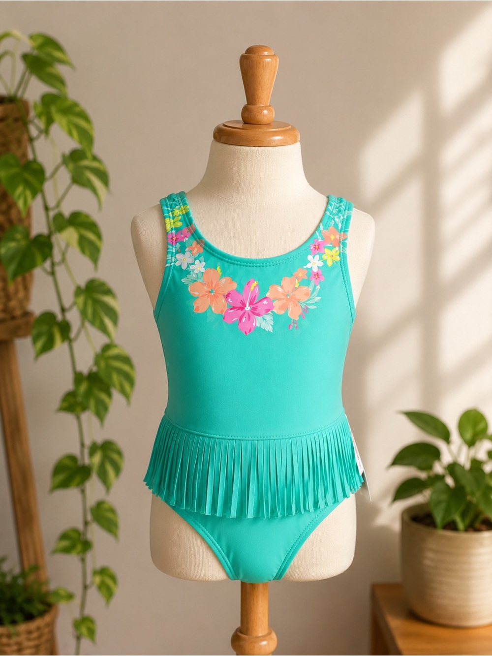 Carter’s Girls Floral Fringe Swimsuit NWT Turquoise One Piece size 2T
